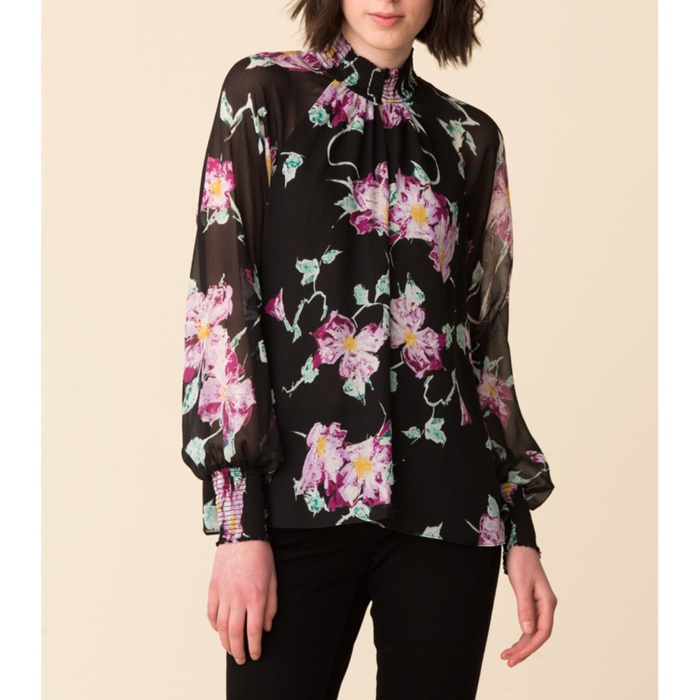 A.L.C Venetia Floral Silk Top Size 0 Long Sleeve High Neck Smocked Feminine